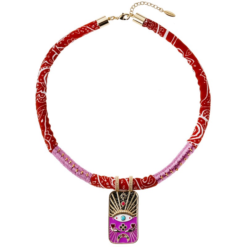 Collier TAROT LILA Or - Coton violet rouge & Pendentif protecteur Oeil - HIPANEMA