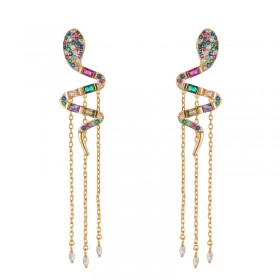 Boucles d'oreilles Pendantes JAFAR Or - Serpent zircons multicolors & Longues chaînes - HIPANEMA