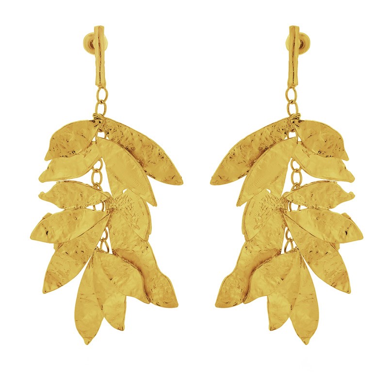 Boucles d'oreilles Pendantes KEOPS Or - Branche en feuilles martelées designs - HIPANEMA