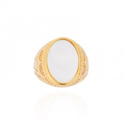 Bague large REGALIA Or - Chevalière dorée & Cabochon ovale blanc - HIPANEMA