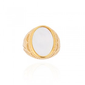 Bague large REGALIA Or - Chevalière dorée & Cabochon ovale blanc - HIPANEMA