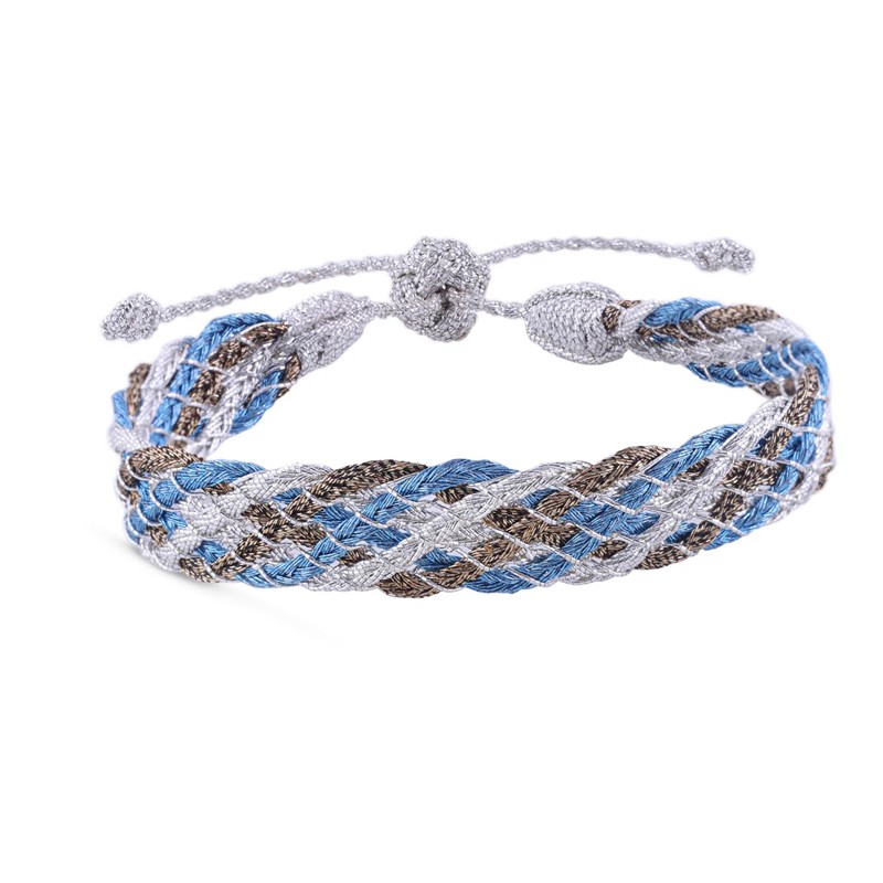 Bracelet LINES Silver Blue - fils d'or tressés bleu argent et marron - Maaÿaz