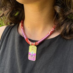 Collier TAROT LILA Or - Corde rouge violet & Pendentif protecteur Oeil