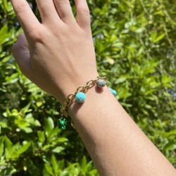 Bracelet gourmette ELEPHANT doré - Pampilles symboliques turquoises