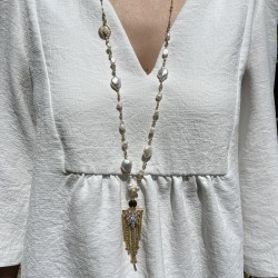 Collier Sautoir - Perles blanches, chaînettes & cristaux blancs