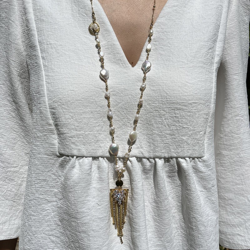 Collier Sautoir - Perles blanches, chaînettes & cristaux blancs