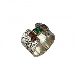 Bague large tricolore - argent, oxydes et laiton doré