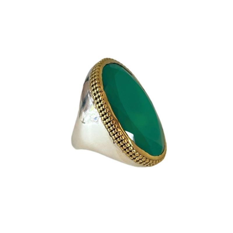 Grosse bague ovale Onyx vert - argent et laiton doré Canyon