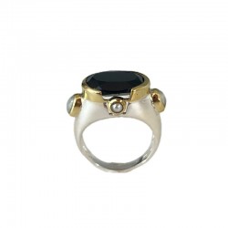 Bague mini ovale Onyx noir & perles blanches - argent et laiton doré TAILLE 60