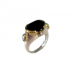 Bague mini ovale Onyx noir - argent et laiton doré Canyon