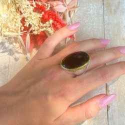 Grosse bague ovale Onyx noir - argent et laiton doré TAILLE 62