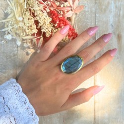 Grosse bague ovale Labradorite - argent et laiton doré TAILLE 58