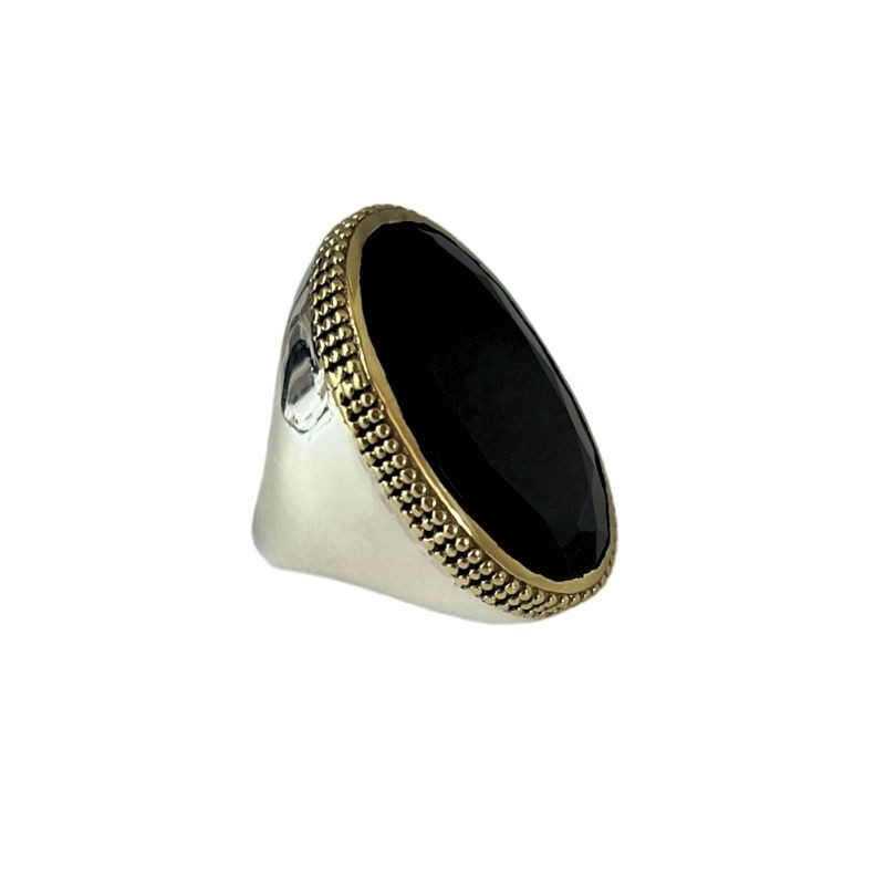 Grosse bague ovale Onyx noir - argent et laiton doré TAILLE 56