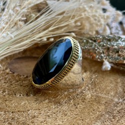 Grosse bague ovale Onyx noir - argent et laiton doré TAILLE 62