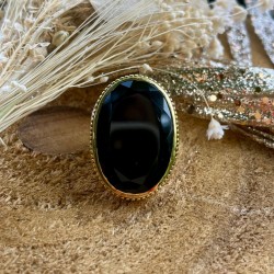 Grosse bague ovale Onyx noir - argent et laiton doré TAILLE 56