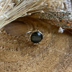 Bague fine en argent OPHELIA - Labradorite ronde & zircons TAILLE 52