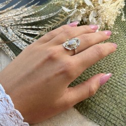 Bague pierre de lune ovale et petites perles blanches - argent TAILLE 56