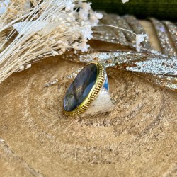 Grosse bague ovale Labradorite - argent et laiton doré TAILLE 58