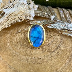 Grosse bague ovale Labradorite - argent et laiton doré TAILLE 56