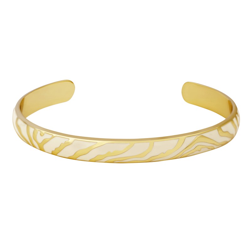 Bracelet jonc ouvert bombé ZEBRA texturé Zébré - Blanc sable doré