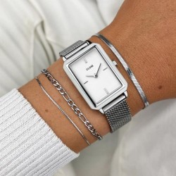 Montre Fluette, couleur argent, cadran rectangle blanc & bracelet milanais