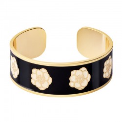 Bracelet manchette ouverte PEONY noir doré - Roses blanc sable BANGLE UP