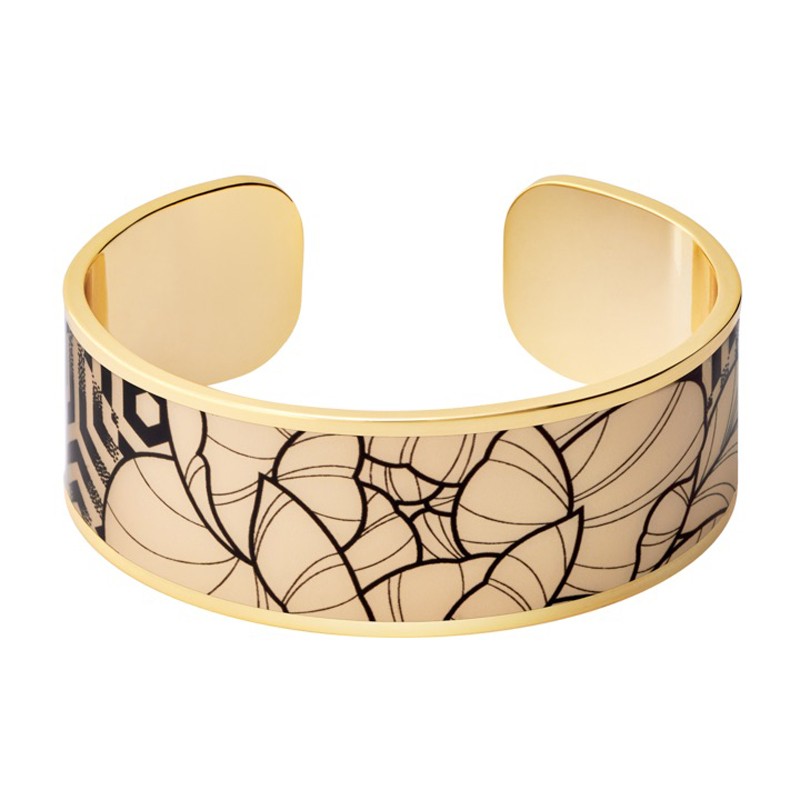 Bracelet manchette ouverte FLORALE PEONY beige noir et doré BANGLE UP