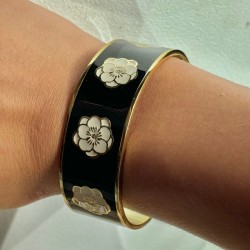 Bracelet manchette ouverte PEONY noir doré - Roses blanc sable