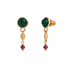 Boucles d'oreilles pendantes BABYLONE Or - Agate verte & Grenat  - SATELLITE