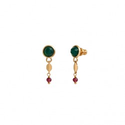 Boucles d'oreilles pendantes BABYLONE Or - Agate verte & Grenat SATELLITE