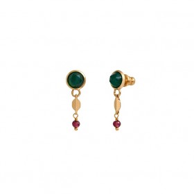 Boucles d'oreilles pendantes BABYLONE Or - Agate verte & Grenat SATELLITE