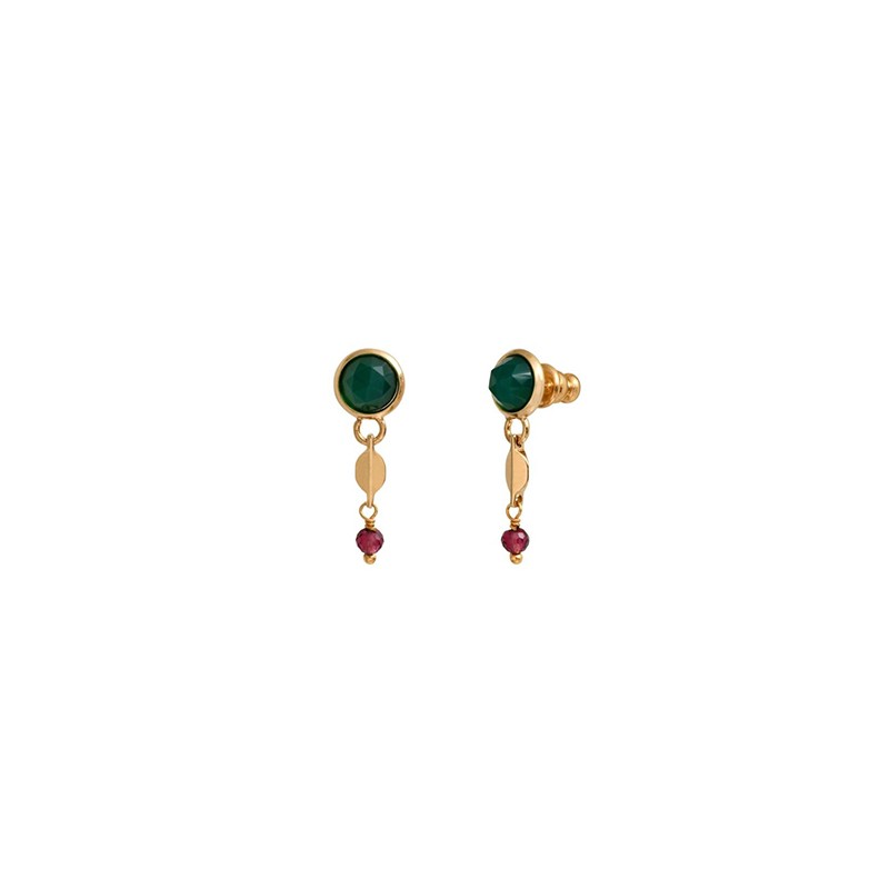 Boucles d'oreilles pendantes BABYLONE Or - Agate verte & Grenat SATELLITE