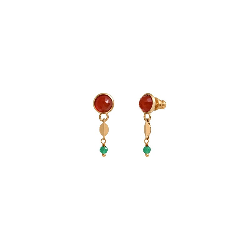 Boucles d'oreilles pendantes BABYLONE Or - Cornaline orange & Agate verte SATELLITE