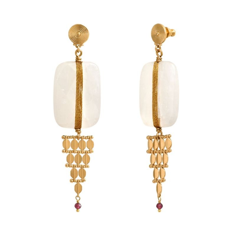 Boucles d'oreilles pendantes BABYLONE Or - Cristal de roche & Grenat - SATELLITE