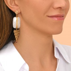 Boucles d'oreilles pendantes BABYLONE Or - Cristal de roche & Grenat - SATELLITE