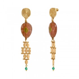 Boucles d'oreilles pendantes BABYLONE Or - Quartz fraise & Agate verte - SATELLITE