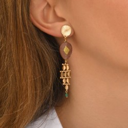 Boucles d'oreilles pendantes BABYLONE Or - Quartz fraise & Agate verte