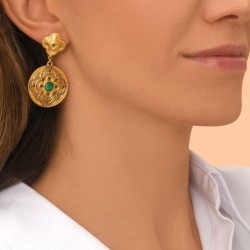 Boucles d'oreilles pendantes POSITANO Or - Cristal vert & Médaille Malachite