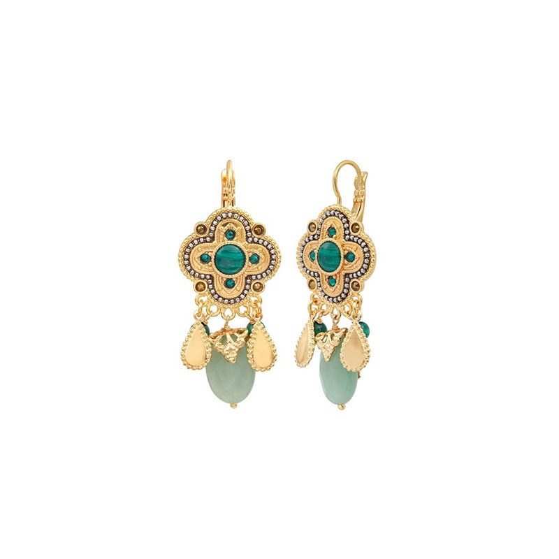 Boucles d'oreilles dormeuses POSITANO Or - Cabochon Malachite & Aventurine SATELLITE