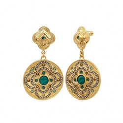 Boucles d'oreilles pendantes POSITANO Or - Cristal vert & Médaille Malachite SATELLITE