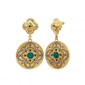 Boucles d'oreilles pendantes POSITANO Or - Cristal vert & Médaille Malachite SATELLITE