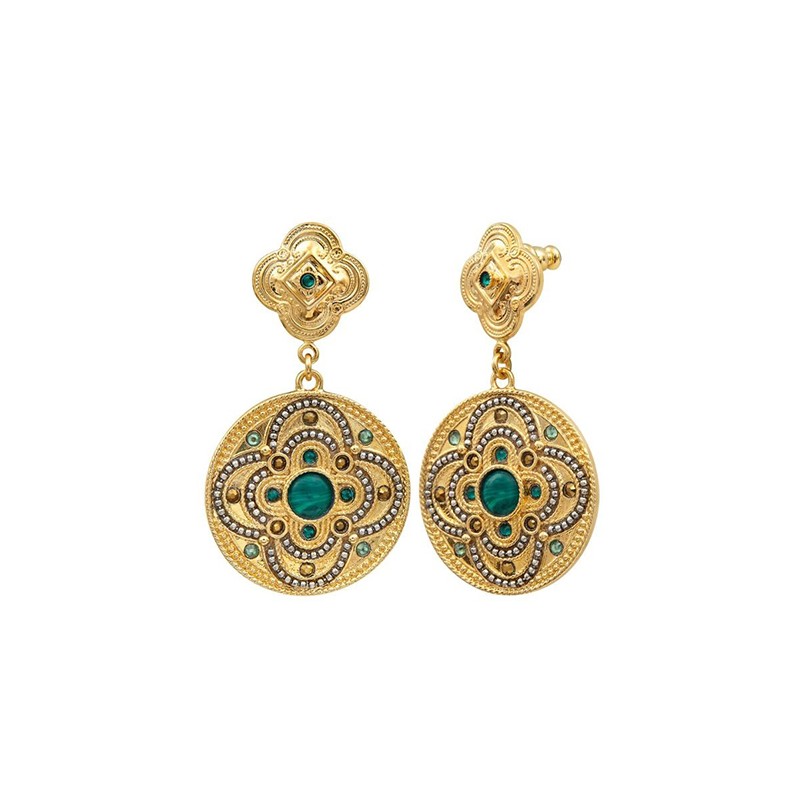 Boucles d'oreilles pendantes POSITANO Or - Cristal vert & Médaille Malachite SATELLITE