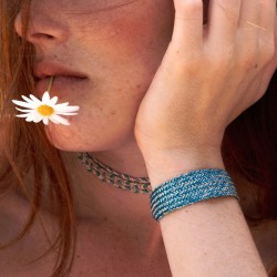 Bracelet manchette MAXI ANIA Rose Gold Teal Blue - Fils d'or tressés